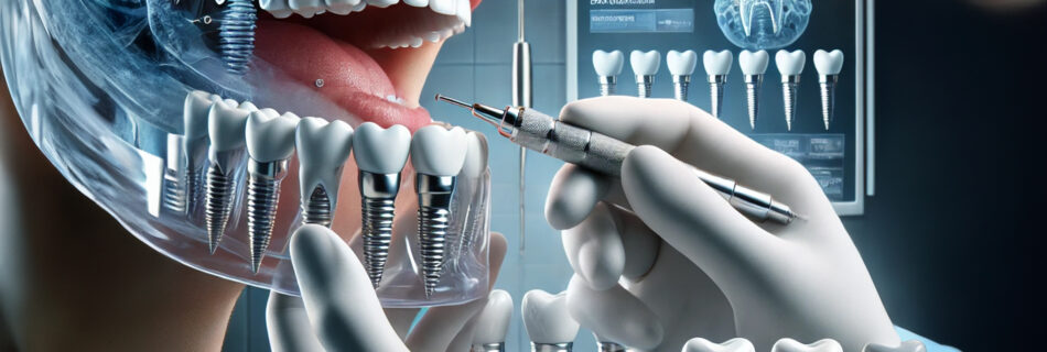 Dentist placing a dental implant in a patient's mouth using advanced tools in a modern clinic, showcasing implant dentistry.