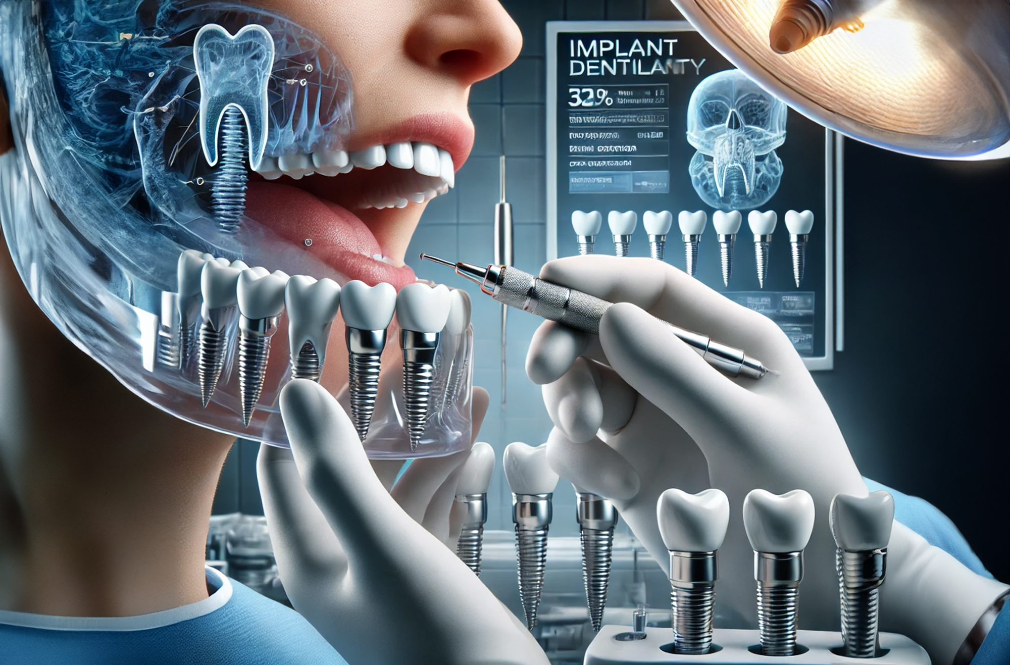 Dentist placing a dental implant in a patient's mouth using advanced tools in a modern clinic, showcasing implant dentistry.