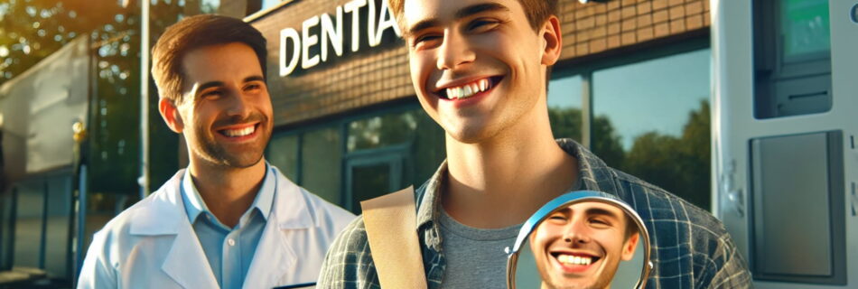 Happy patient admiring their new smile outside a dental clinic, showcasing the results of aesthetic dentistry.