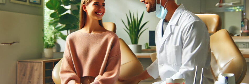 Friendly dentist explaining a dental procedure to a patient using clear and informative visuals in a warm, inviting clinic.