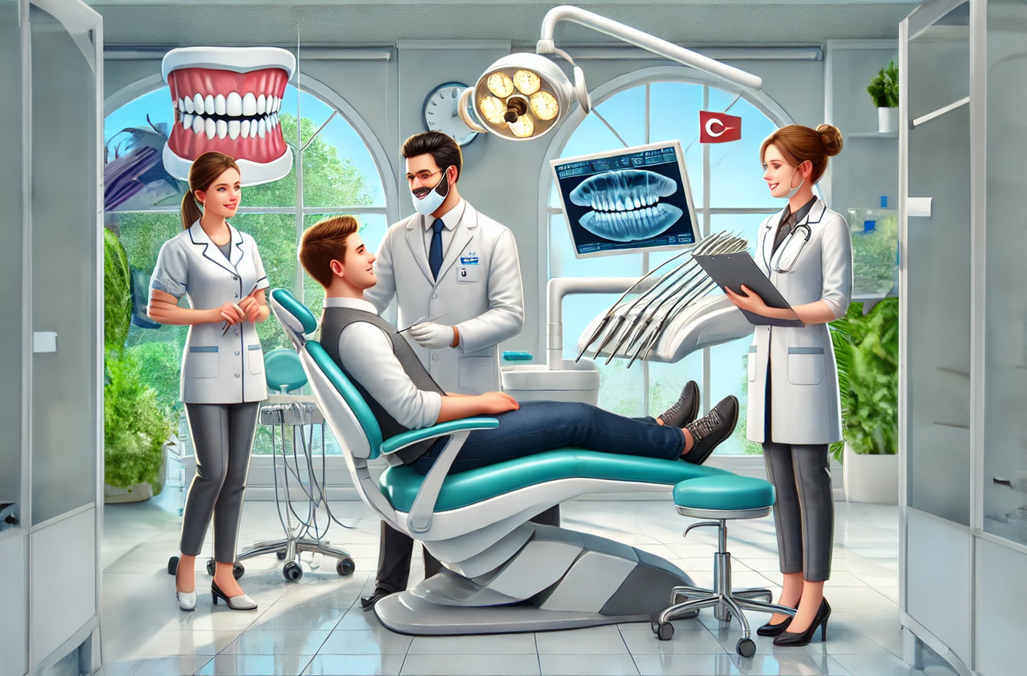 Modern dental clinic in Turkey with advanced equipment, an experienced dentist treating a patient, and multilingual staff assisting.