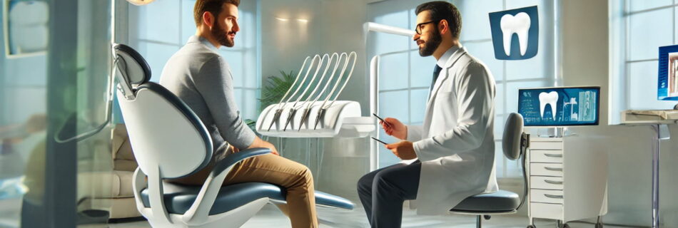 Dentist in a consultation room explaining a treatment plan to a patient in a modern dental clinic in Turkey, with advanced dental equipment and a welcoming environment.