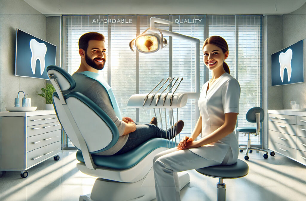 Realistic image showing a patient receiving affordable dental treatment in a modern clinic, with a professional dentist using state-of-the-art equipment, highlighting quality care at a low cost.