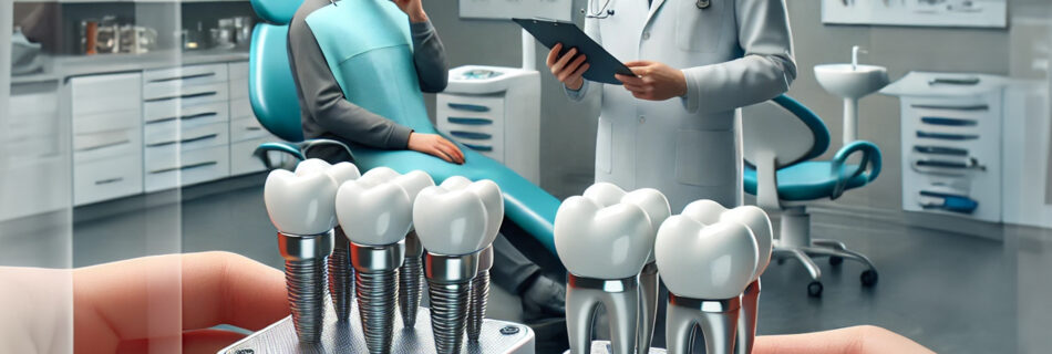 Dental clinic showcasing the use of biocompatible materials like titanium and zirconia in dental implants and crowns.