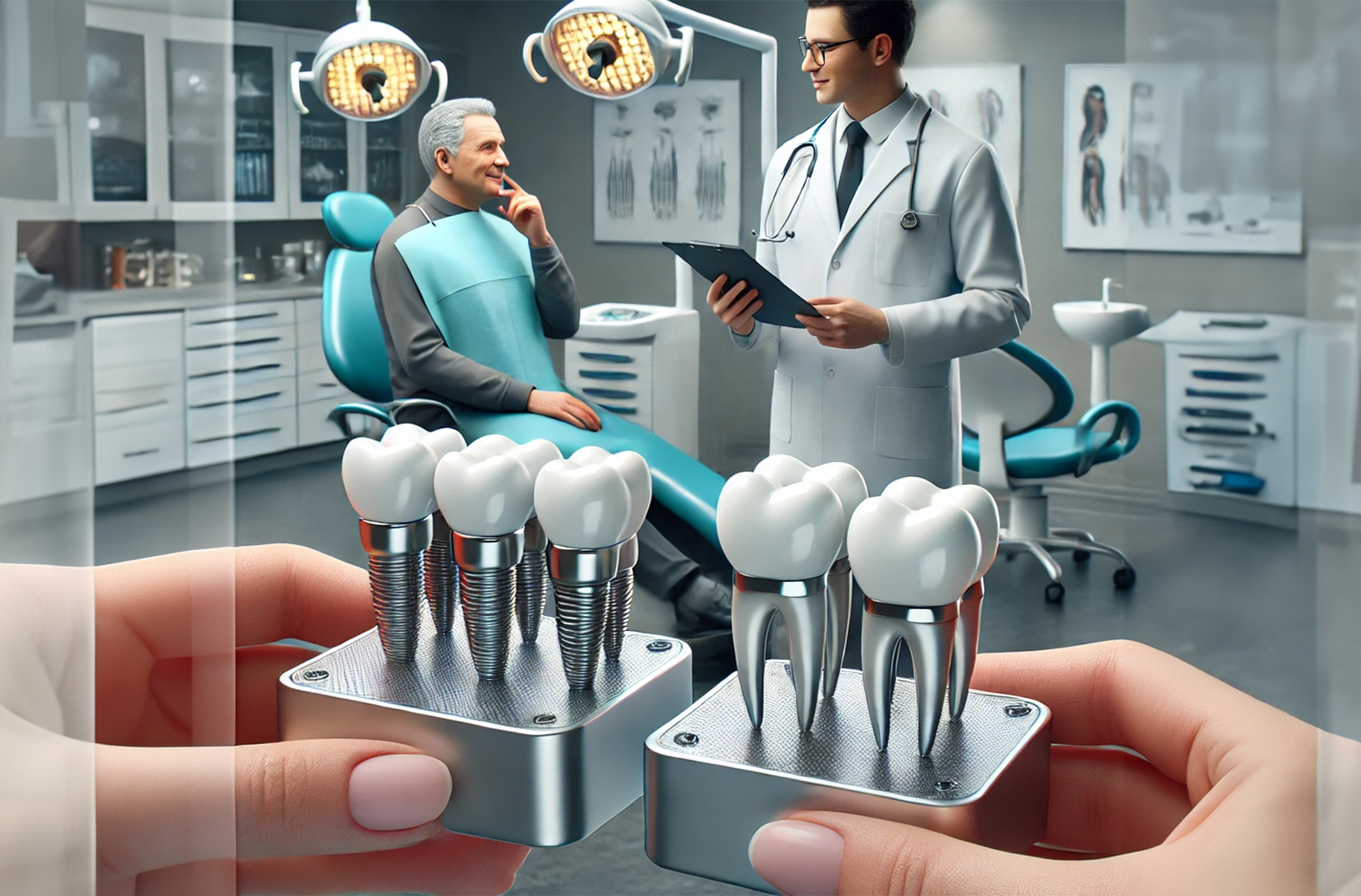 Dental clinic showcasing the use of biocompatible materials like titanium and zirconia in dental implants and crowns.