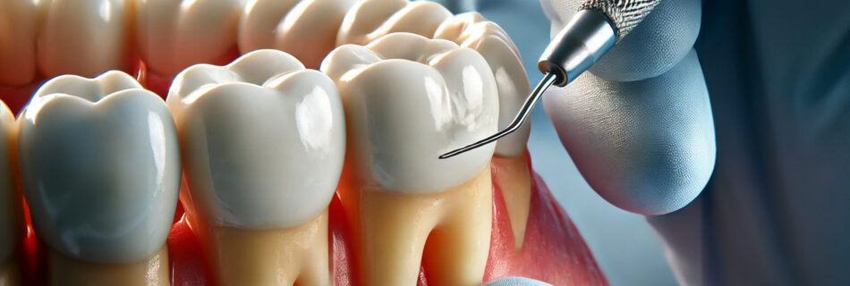 A realistic close-up image of a dentist performing a biomimetic dental restoration on a molar, showing the application of lifelike material with precision tools in a modern clinic setting.