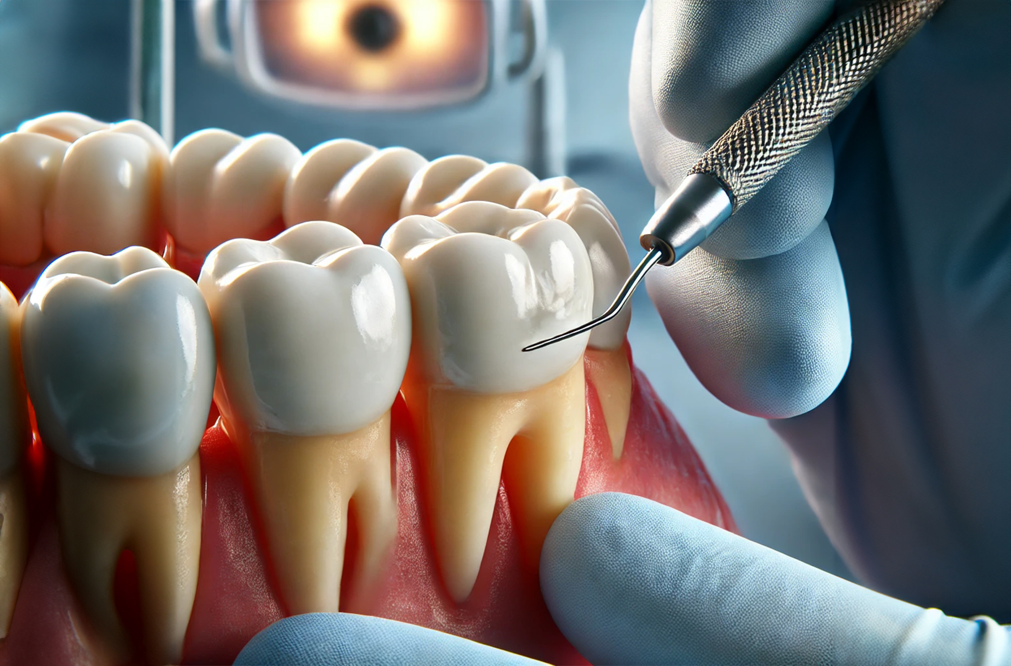 A realistic close-up image of a dentist performing a biomimetic dental restoration on a molar, showing the application of lifelike material with precision tools in a modern clinic setting.