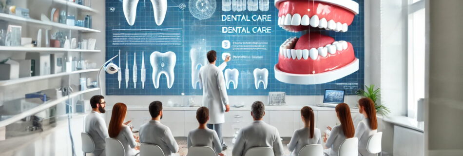 Dentist in a modern clinic conference room explaining dental care tips to a group of patients using a presentation.