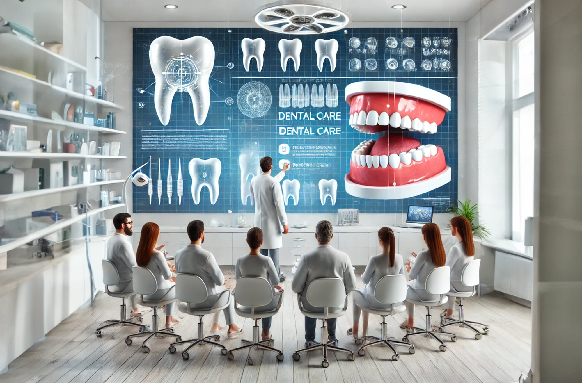 Dentist in a modern clinic conference room explaining dental care tips to a group of patients using a presentation.