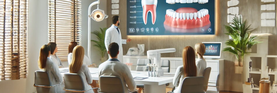 Dentist in a modern clinic conference room explaining common dental problems and care tips to a group of patients using a presentation.