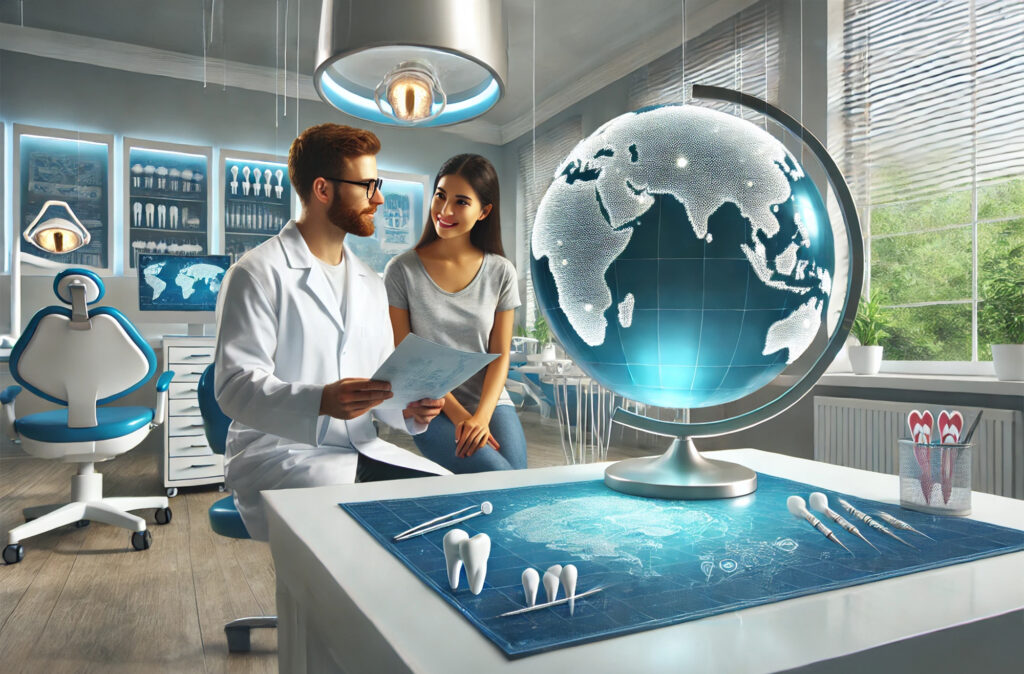 Patient consulting with a dentist about dental treatment abroad in a modern clinic, with a globe in the background symbolizing international care.