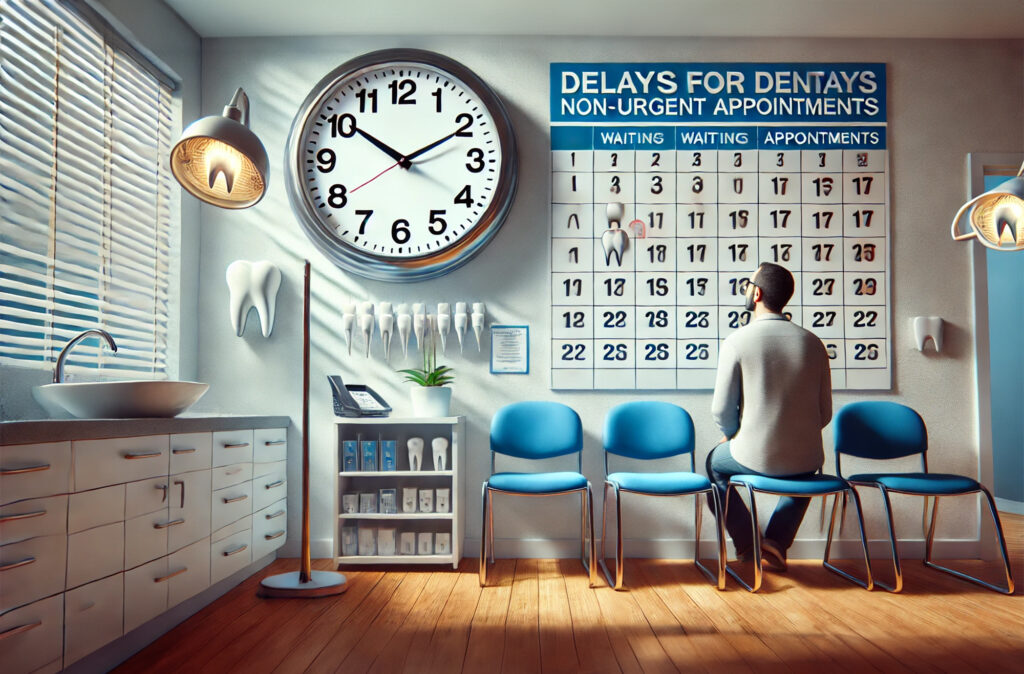 Patient waiting anxiously in a dental clinic with a large clock and a calendar showing delayed appointments, symbolizing the frustration of long wait times for non-urgent dental care.