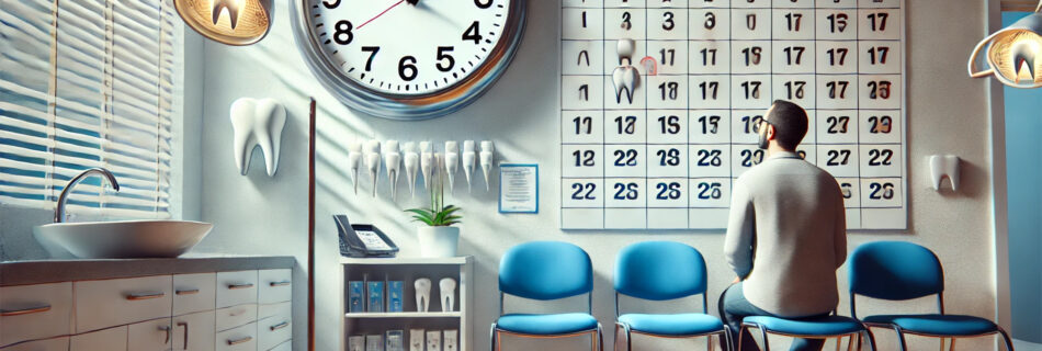 Patient waiting anxiously in a dental clinic with a large clock and a calendar showing delayed appointments, symbolizing the frustration of long wait times for non-urgent dental care.