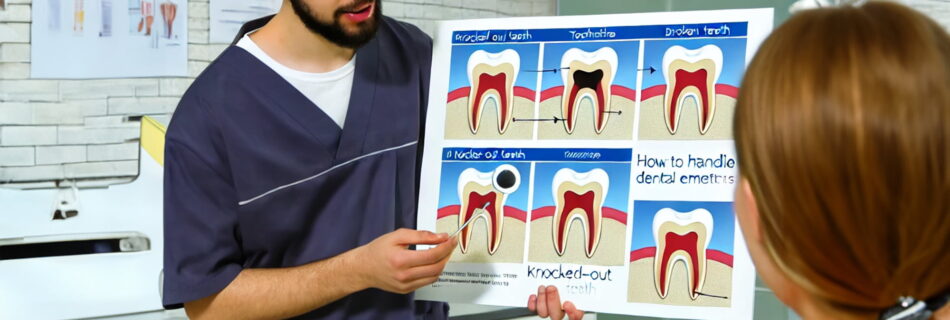 Dentist in a modern clinic explaining how to handle dental emergencies to a patient using diagrams and dental models.