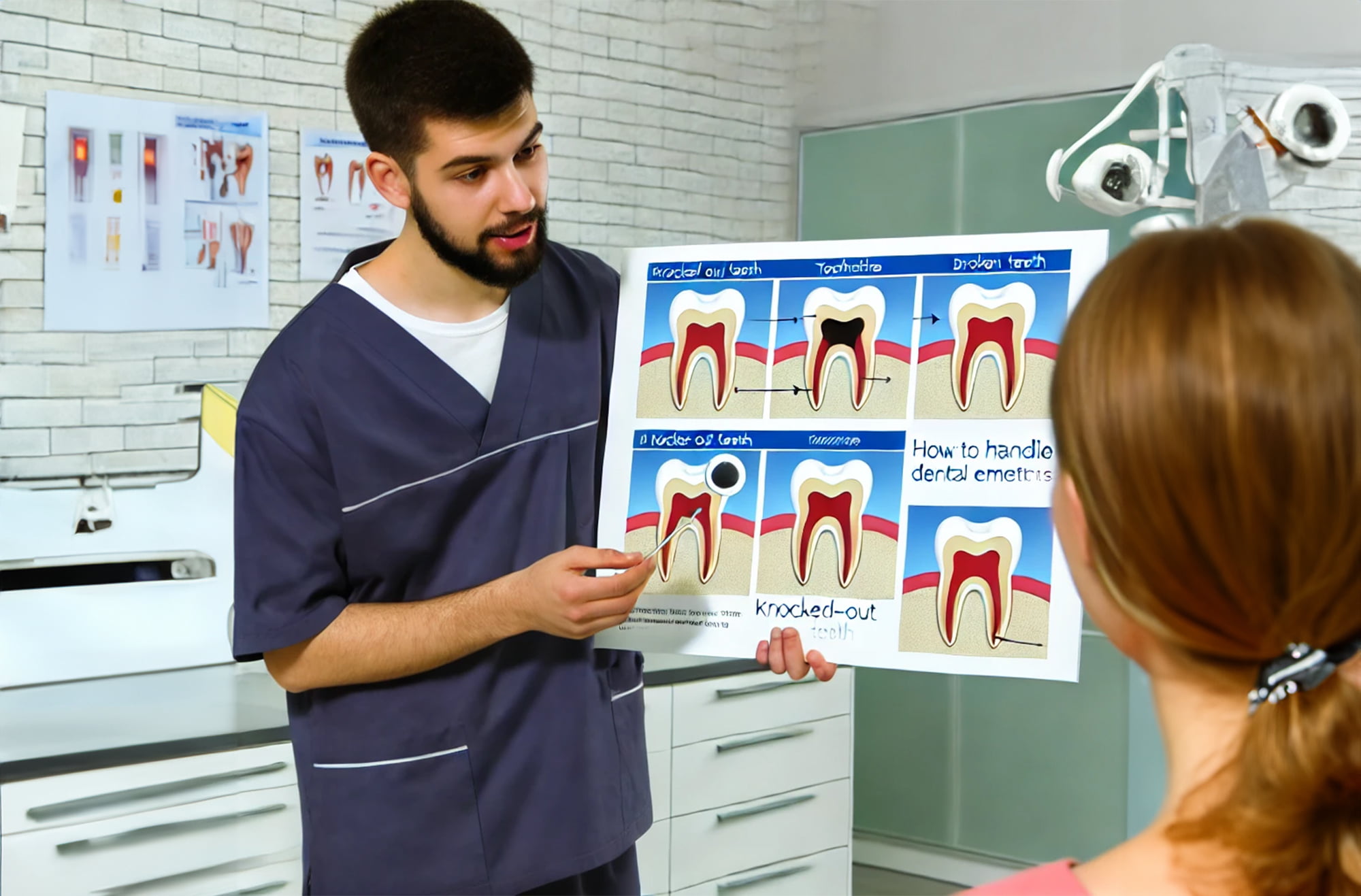 Dentist in a modern clinic explaining how to handle dental emergencies to a patient using diagrams and dental models.