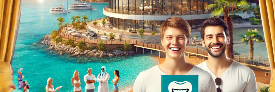 A modern dental clinic on Antalya's coastline, with smiling international patients, blending dental tourism with a vacation setting.