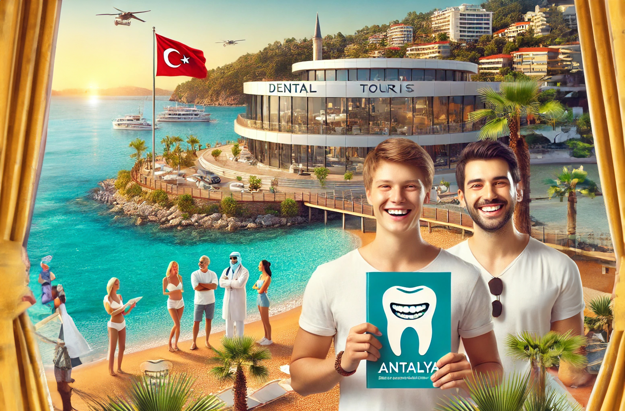 A modern dental clinic on Antalya's coastline, with smiling international patients, blending dental tourism with a vacation setting.