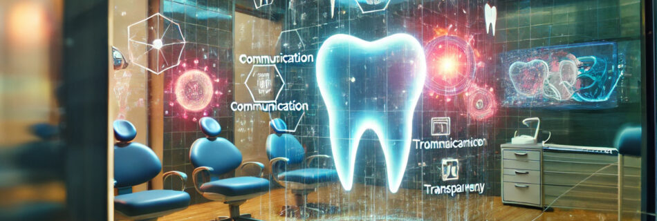 An abstract, vibrant scene with a holographic display showing dental treatment options, representing communication, transparency, and advanced technology in a modern setting.