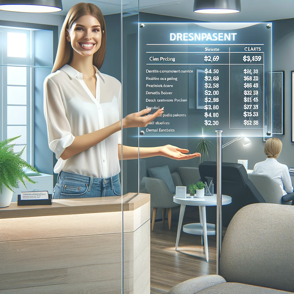 A clean, modern dental clinic reception area featuring a friendly receptionist explaining a transparent pricing board to a patient, emphasizing clear and fair dental treatment costs