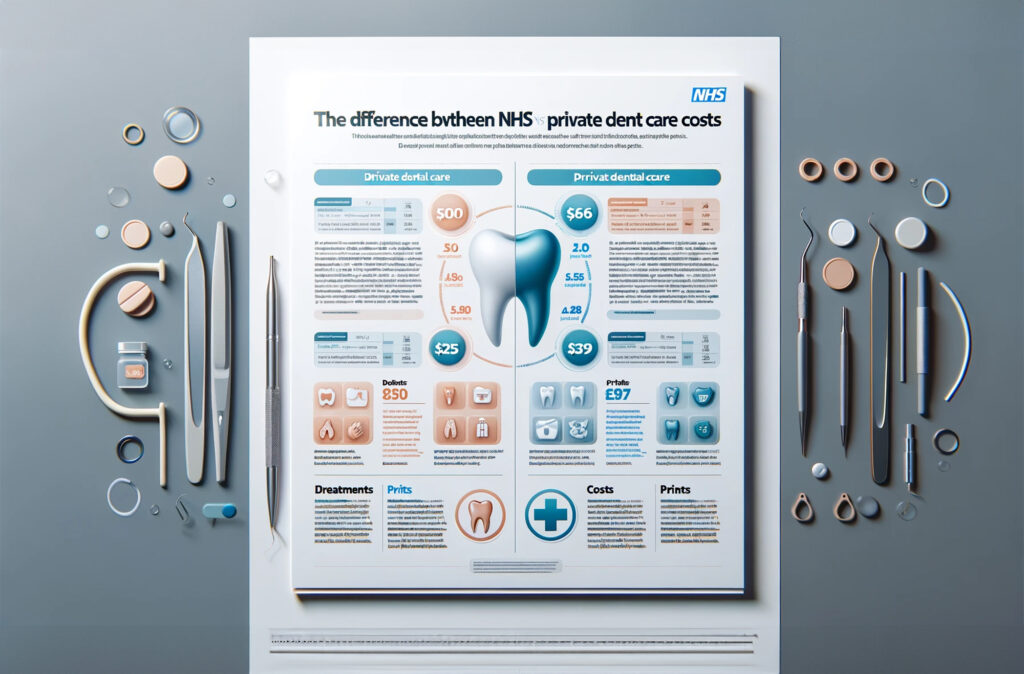 An informational document-style infographic comparing NHS and private dental care costs, featuring dental icons, charts, and data on treatment types and prices.