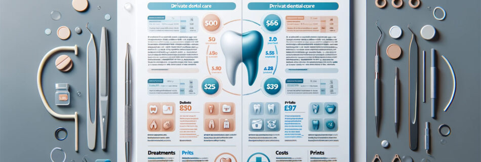 An informational document-style infographic comparing NHS and private dental care costs, featuring dental icons, charts, and data on treatment types and prices.