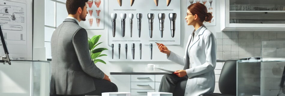 Dentist in a modern clinic explaining the teeth cleaning process to a patient using a dental model, highlighting different types of dental implants.