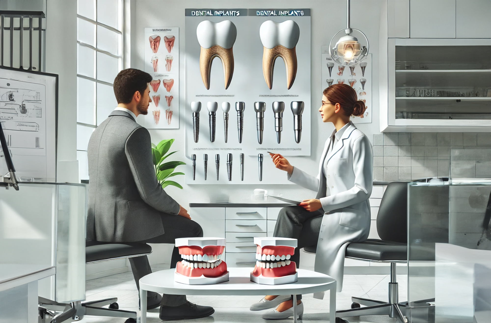 Dentist in a modern clinic explaining the teeth cleaning process to a patient using a dental model, highlighting different types of dental implants.