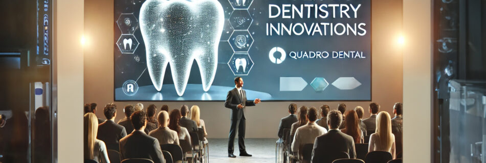 A speaker on stage in a modern conference room, presenting innovations in holistic dentistry, with the Quadro Dental logo subtly displayed on the screen behind them.