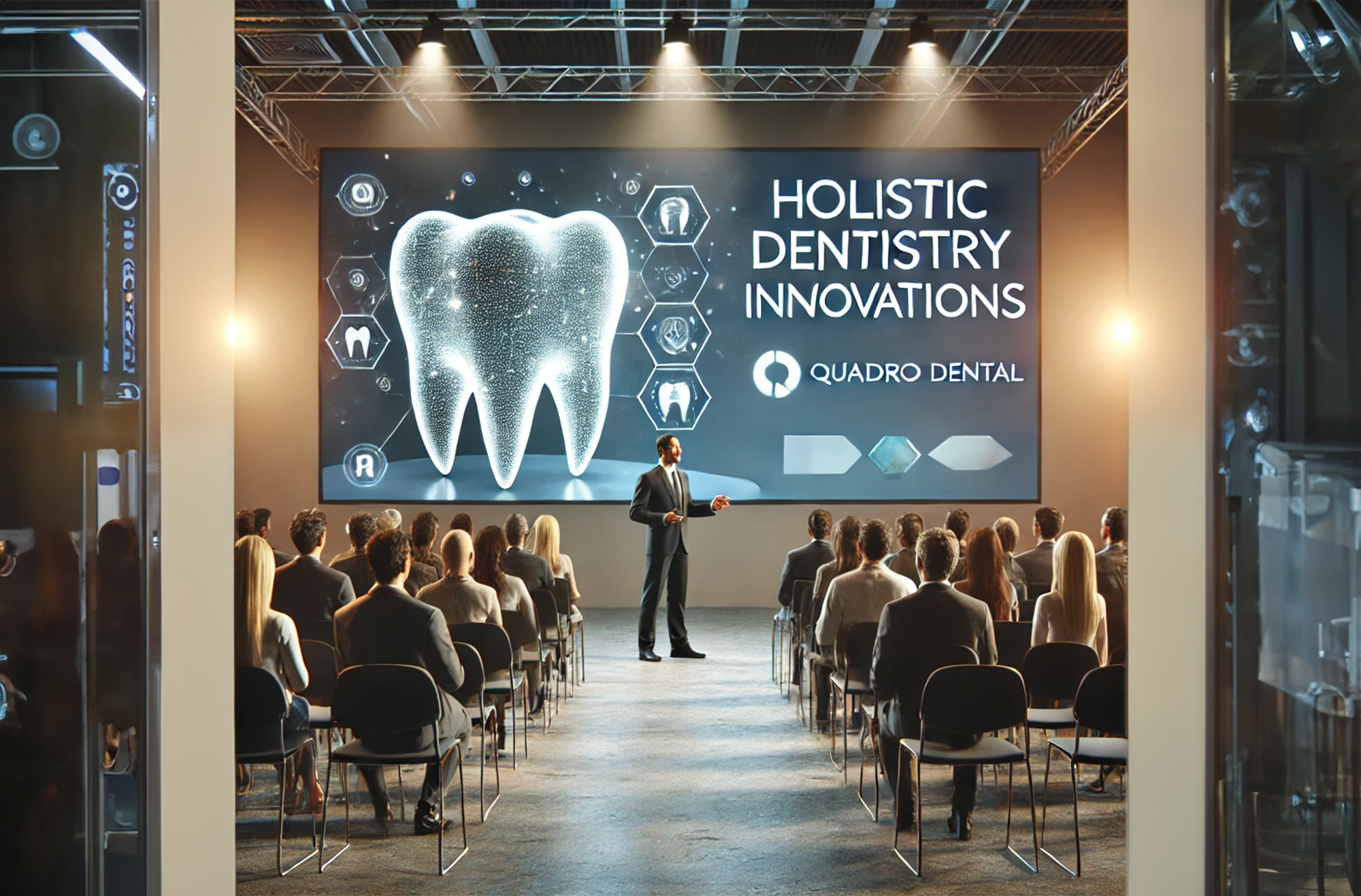 A speaker on stage in a modern conference room, presenting innovations in holistic dentistry, with the Quadro Dental logo subtly displayed on the screen behind them.