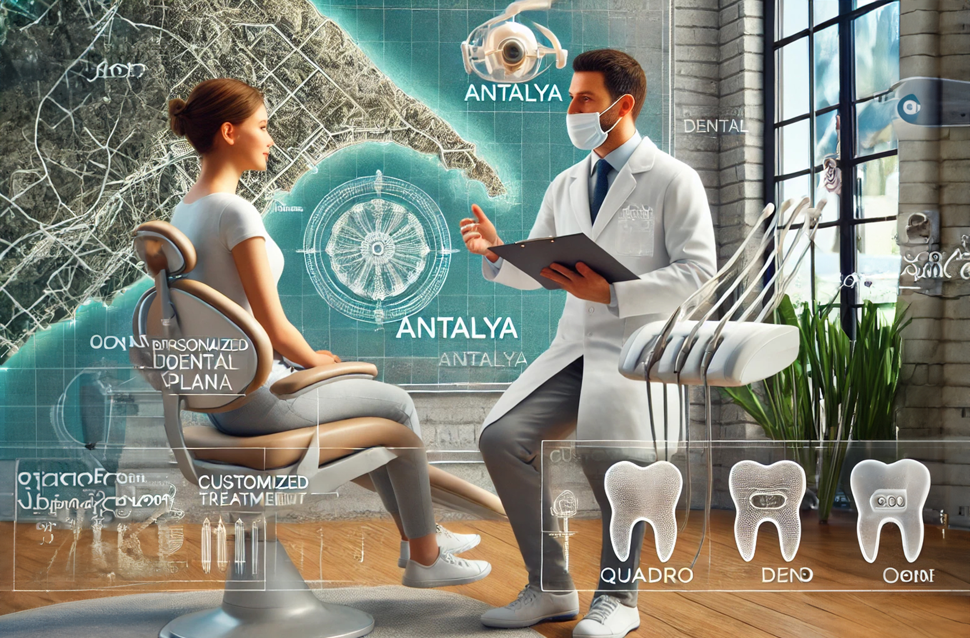 Dentist consulting a patient on personalized dental treatment plans in a modern clinic at Quadro Dental, Antalya.