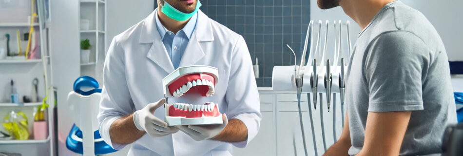 Dentist in a modern clinic explaining the teeth cleaning process to a patient using a dental model.