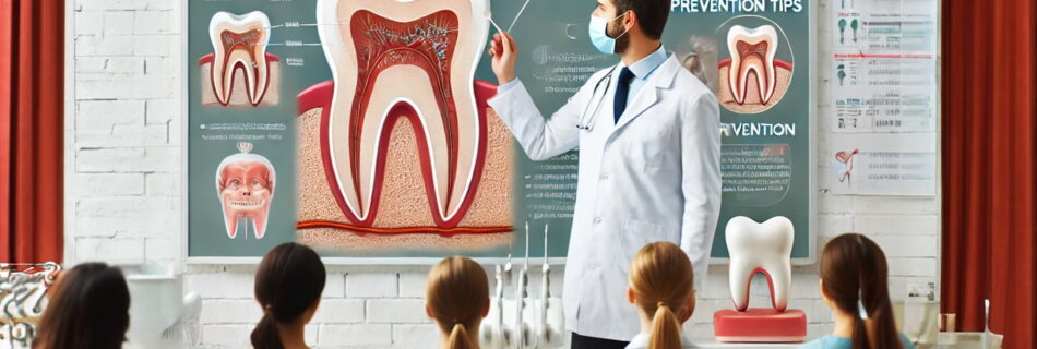 Dentist explaining how to prevent tooth decay to a group of patients using diagrams in a classroom setting.