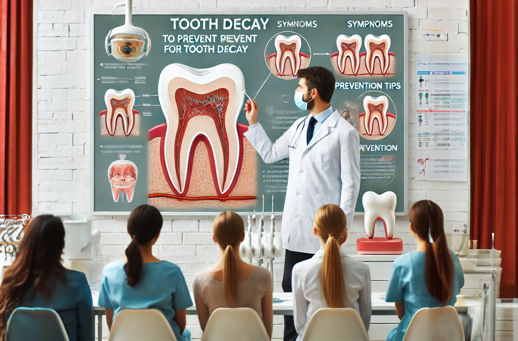 Dentist explaining how to prevent tooth decay to a group of patients using diagrams in a classroom setting.