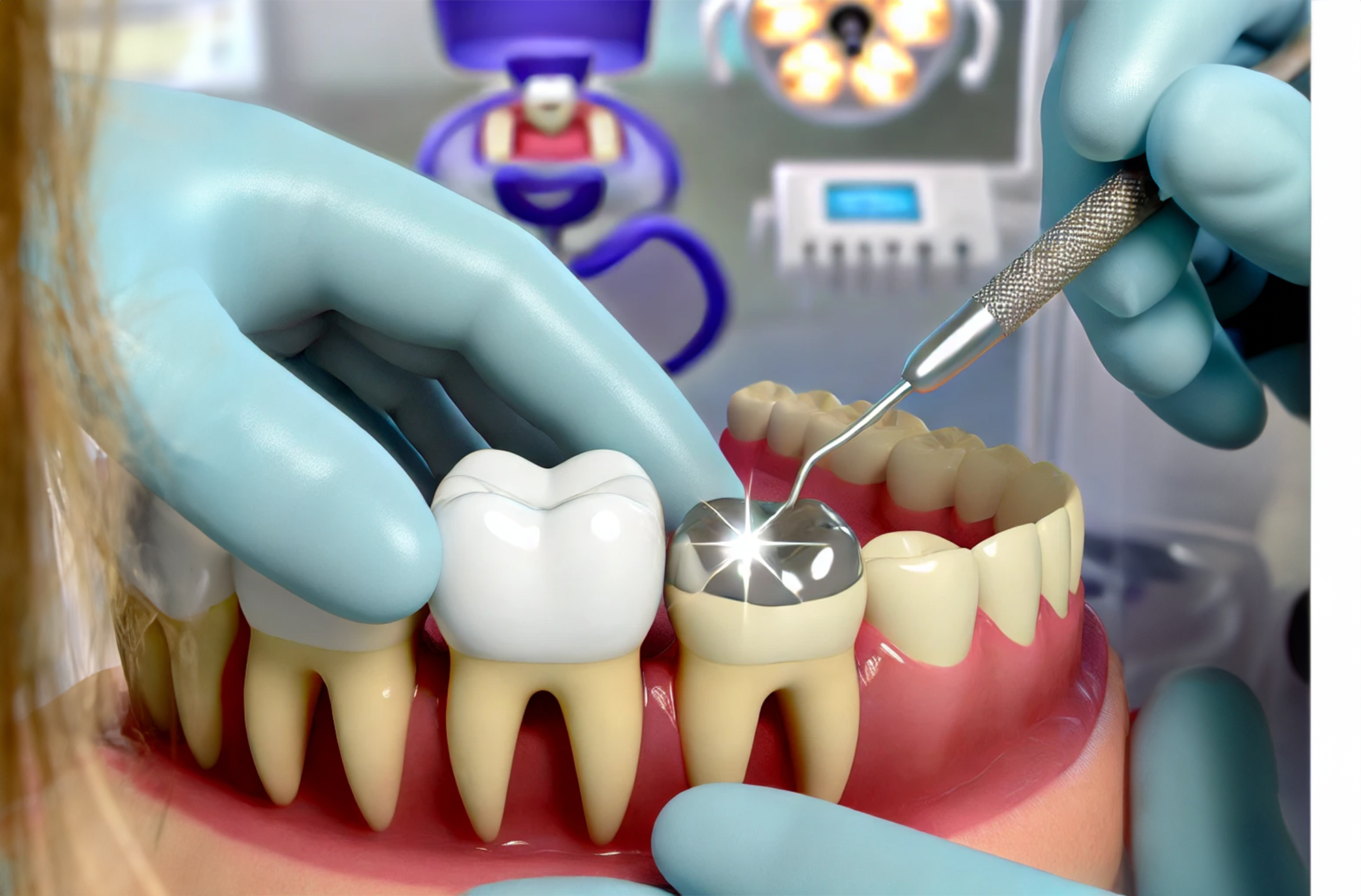 Dentist carefully placing a zirconium crown on a patient's molar in a modern dental clinic, highlighting zirconium crown benefits.