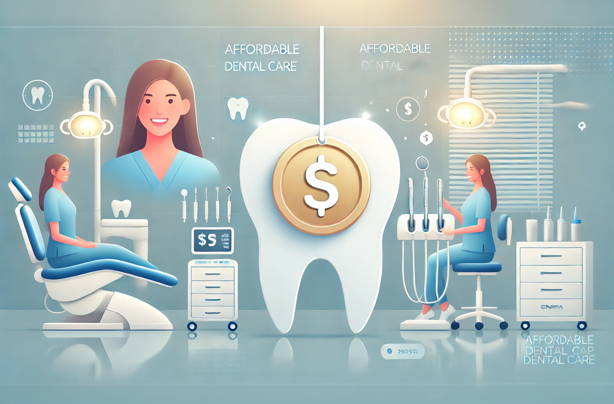 A large tooth icon with price tags attached, symbolizing the cost of dental care, with a clean and modern background representing global dental cost variations.