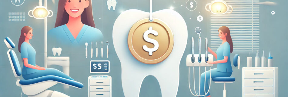 A large tooth icon with price tags attached, symbolizing the cost of dental care, with a clean and modern background representing global dental cost variations.