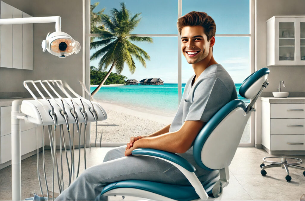 A happy patient sitting in a dental chair with a view of a Mediterranean beach resort, symbolizing the combination of dental treatment and holiday packages in Turkey.