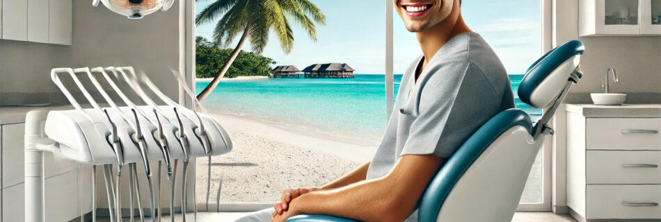 A happy patient sitting in a dental chair with a view of a Mediterranean beach resort, symbolizing the combination of dental treatment and holiday packages in Turkey.