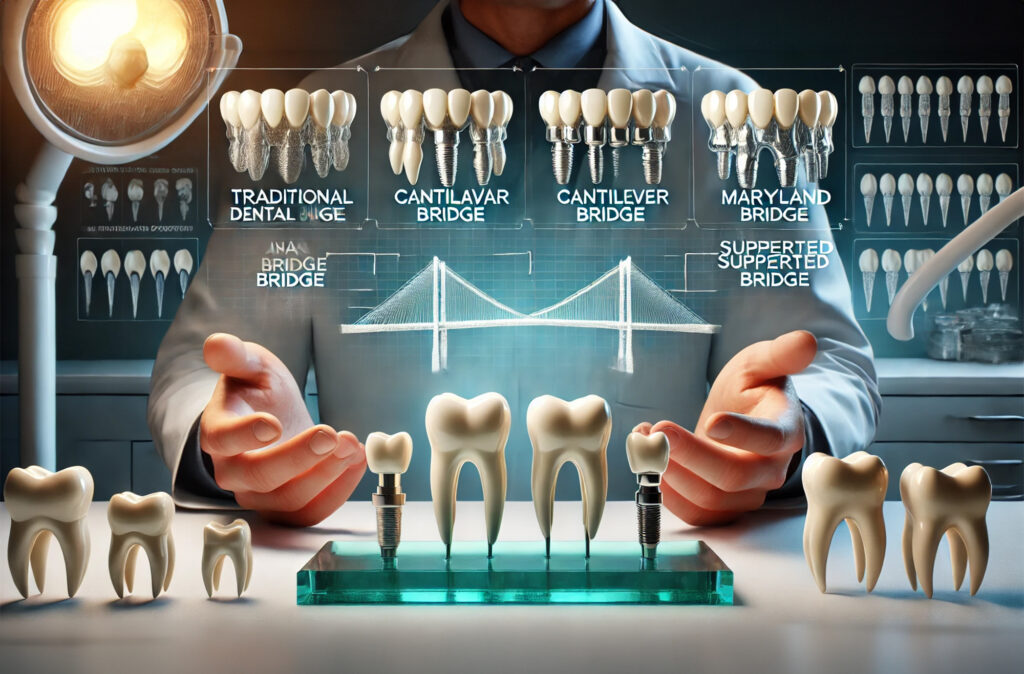 Visual comparison of traditional, cantilever, Maryland, and implant-supported dental bridges in a professional dental setting.