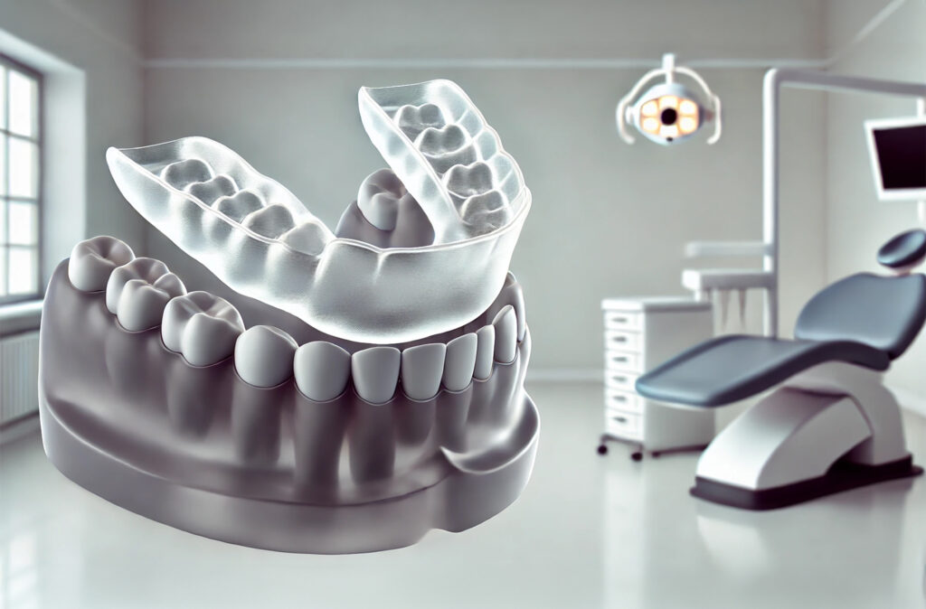 A custom-fit night guard placed on a dental model, shown in a modern dental clinic setting.