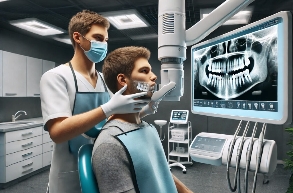 A patient receiving a dental X-ray in a modern clinic, wearing a protective lead apron, with a digital X-ray image visible on a nearby monitor.