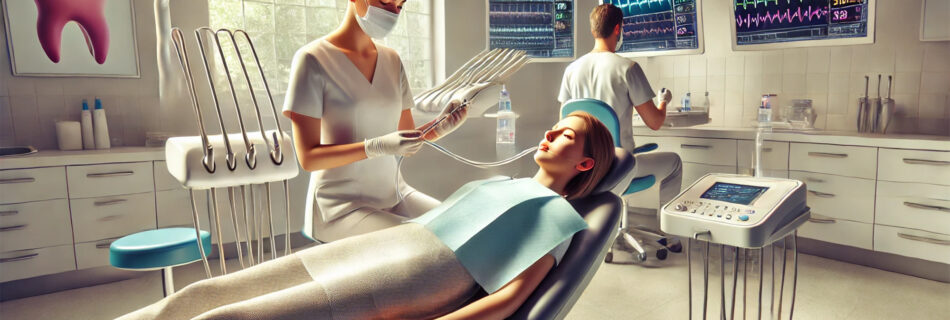 A patient receiving sedation dentistry in a modern clinic, with a relaxed demeanor while the dental team prepares the sedation equipment.