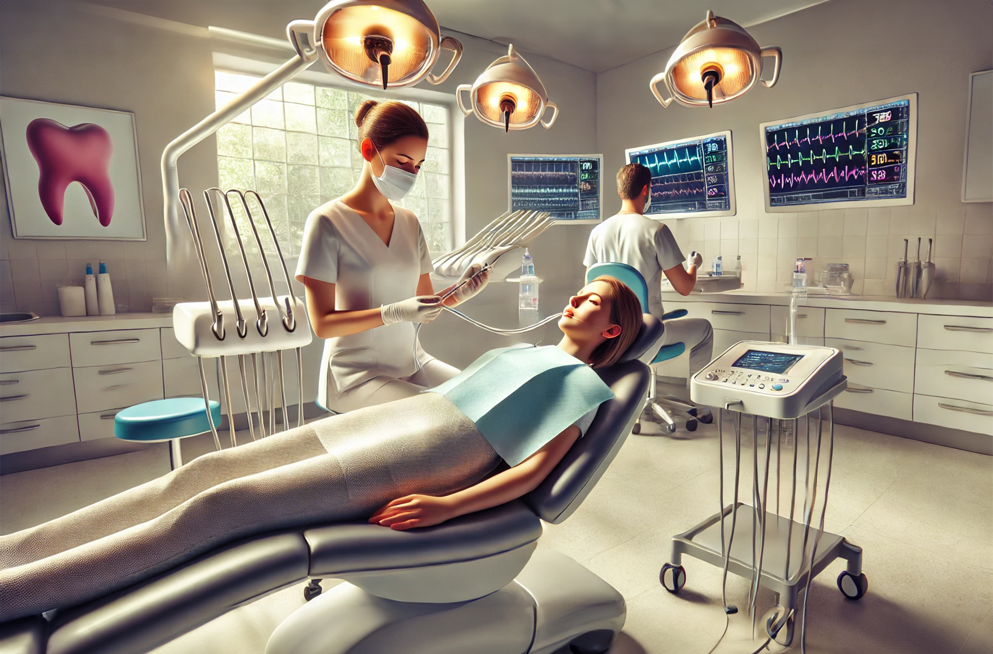 A patient receiving sedation dentistry in a modern clinic, with a relaxed demeanor while the dental team prepares the sedation equipment.