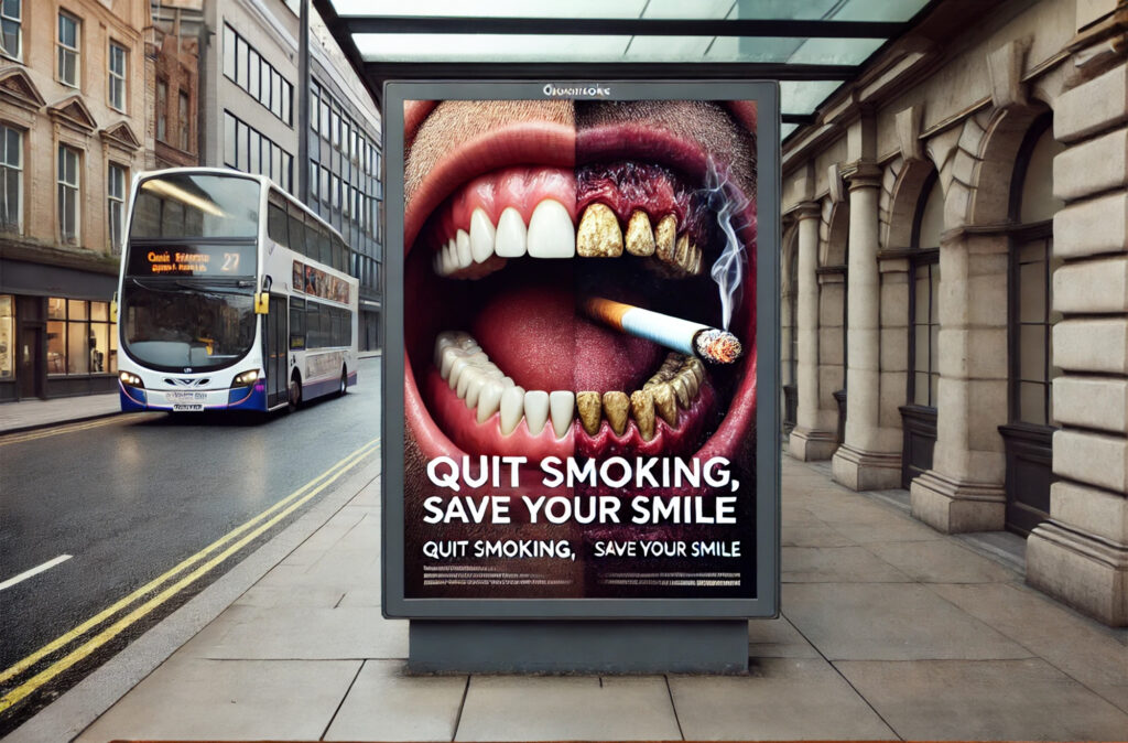 Public health campaign poster showing the effects of smoking on oral health, with a comparison between a healthy smile and a smoker's damaged teeth.