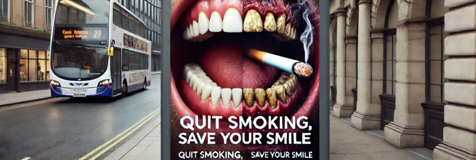 Public health campaign poster showing the effects of smoking on oral health, with a comparison between a healthy smile and a smoker's damaged teeth.