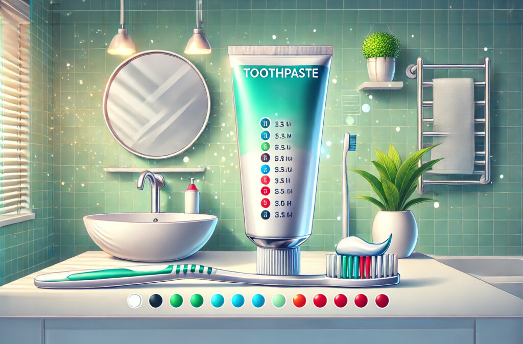 A detailed illustration of a modern bathroom setting featuring a toothpaste tube with visible color codes (green, blue, red, and black) on the counter, alongside a toothbrush.