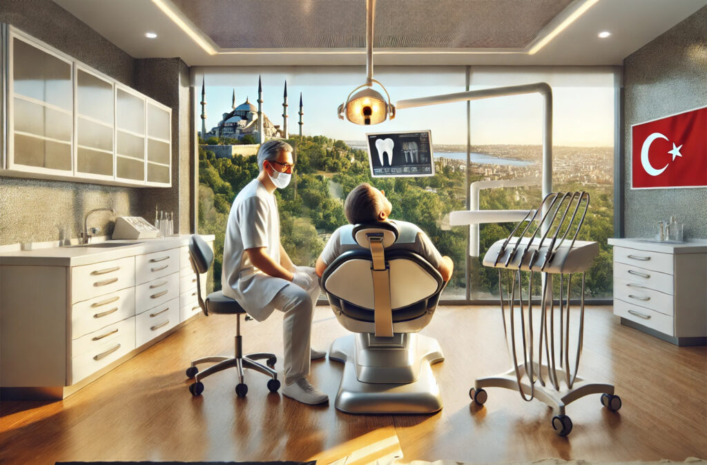 A professional dental clinic in Turkey, featuring advanced equipment and a patient consultation with a scenic view, showcasing dental implants abroad helvetic clinics.