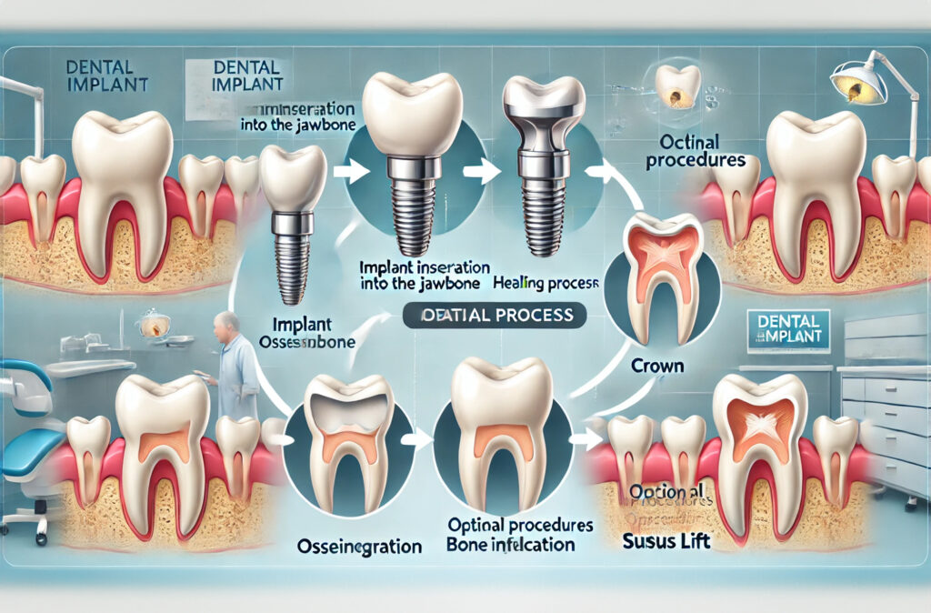 Infographic explaining the dental implants cost with steps from implant placement, healing process, and crown attachment. Additional treatments like bone grafting are shown.