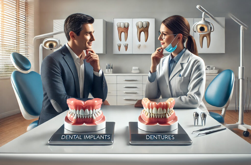 A patient discussing dental implants and dentures options with a dentist at a modern clinic, comparing treatment models.