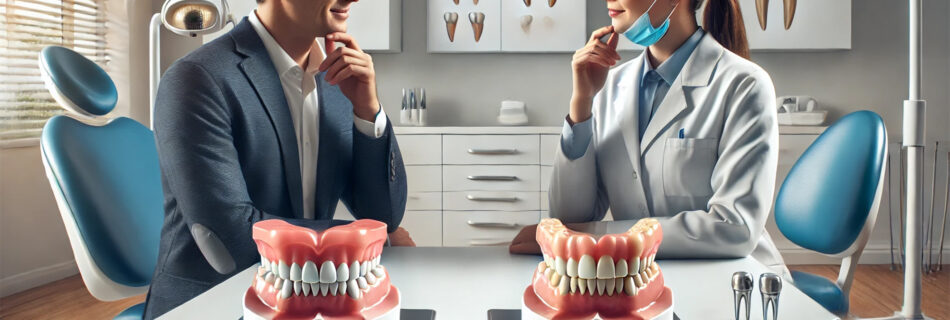 A patient discussing dental implants and dentures options with a dentist at a modern clinic, comparing treatment models.